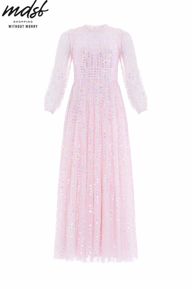 Needle & Thread CHRISTMAS SALE Raindrop Long Sleeve Ankle Gown - pink