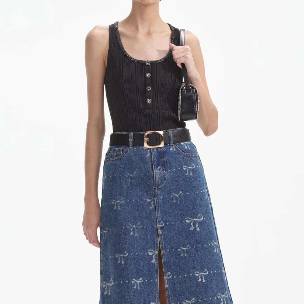 SELF PORTRAIT SS24 Bow Print Denim Midi Skirt