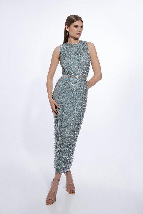 Karen Millen UK SALE Petite Embellished Woven Midi Dress - blue