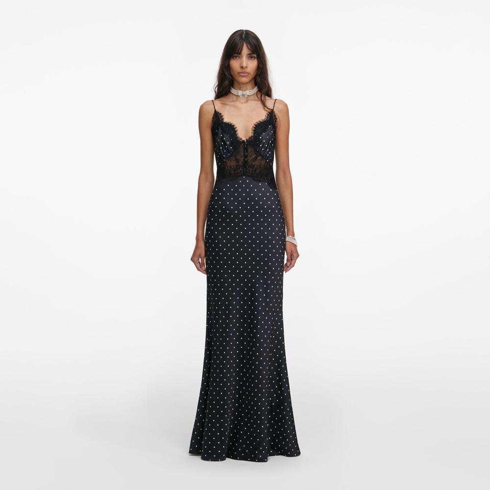 SP VIP PRICE Polka Dot Satin Lace Maxi Dress