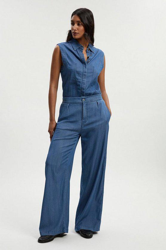 Karen Millen UK SALE Chambray Stretch Denim Wide Leg Trouser - mid blue