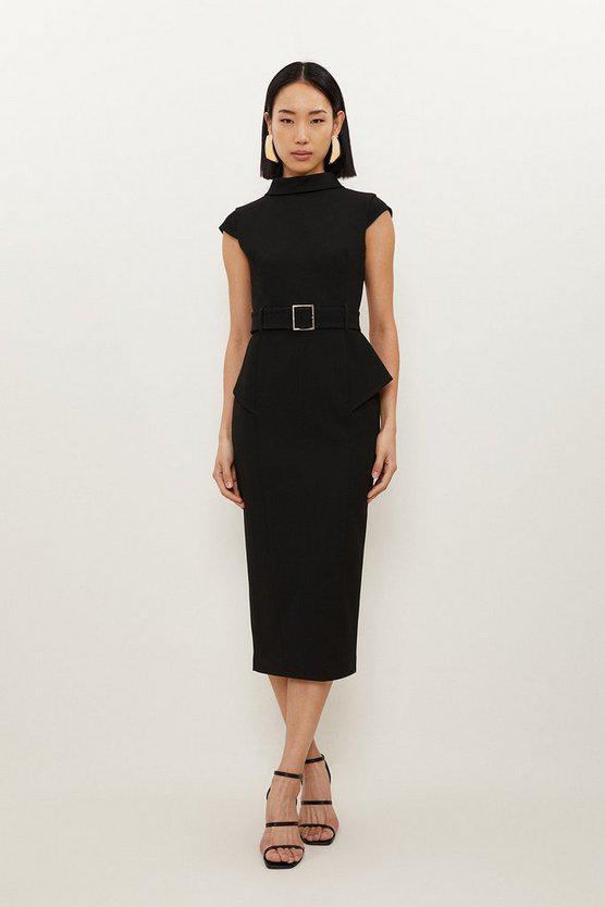 Karen Millen UK SALE Structured Crepe Roll Neck Peplum Belted Midi Dress - black