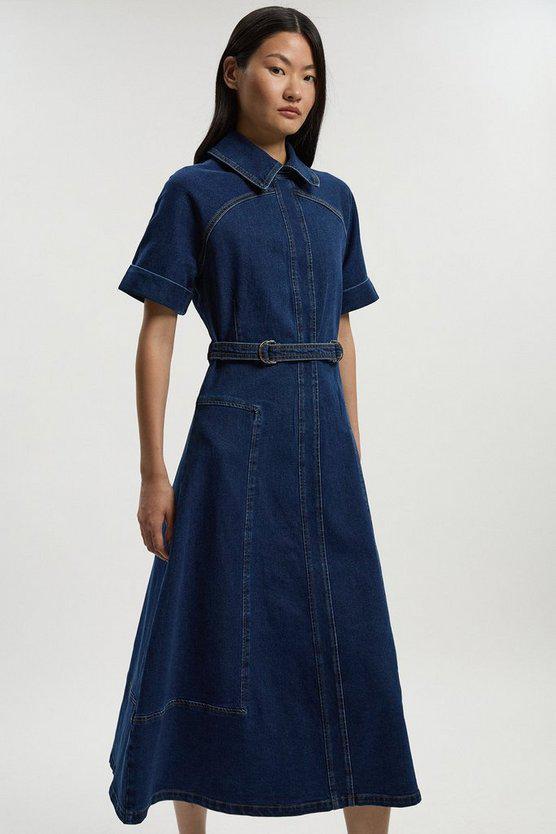 Karen Millen UK SALE Stretch Denim Tab Belt Detail Midi Dress