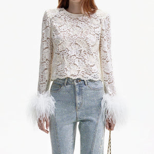 SELF PORTRAIT BLACK FRIDAY SALE Cream Cord Lace Feather Top