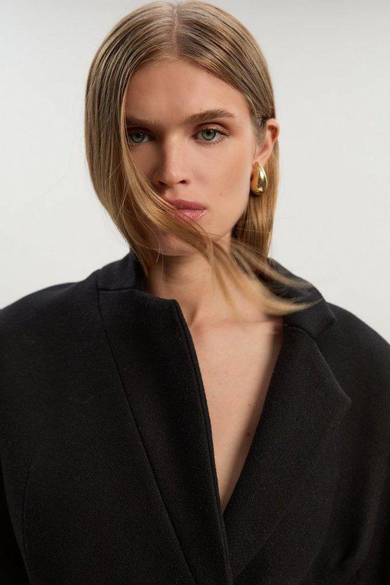 Karen Millen UK SALE Wool Investment Notch Neck Tailored Maxi Coat - black