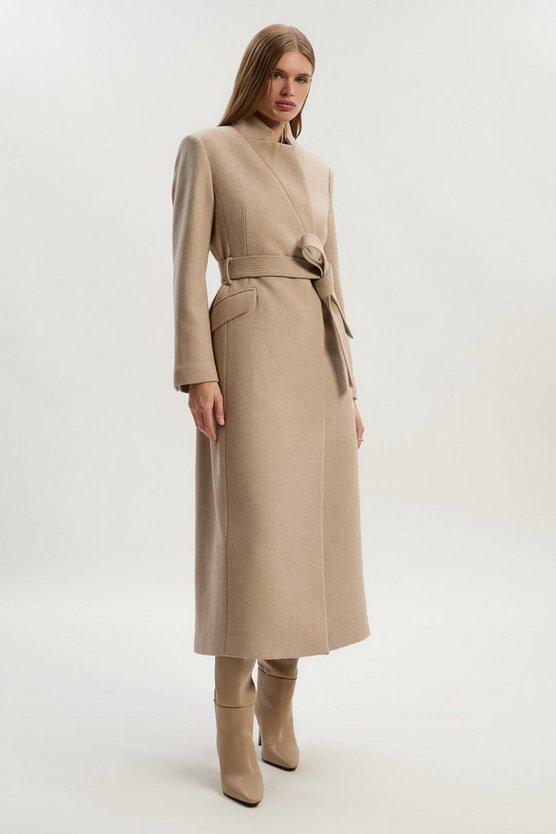 Karen Millen UK SALE Wool Investment Notch Neck Tailored Maxi Coat - oatmeal
