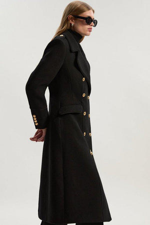 Karen Millen UK SALE Wool Double Breasted Military Tailored Midi Coat - black