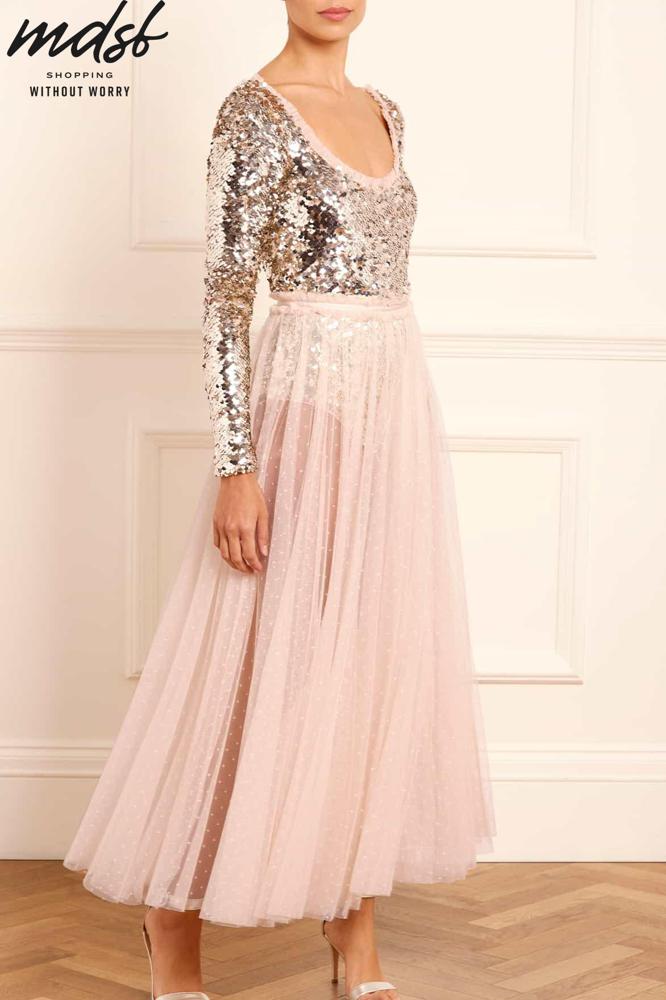 Needle & Thread PO and SALE Ballet Sequin Bodysuit Ankle Gown - beige