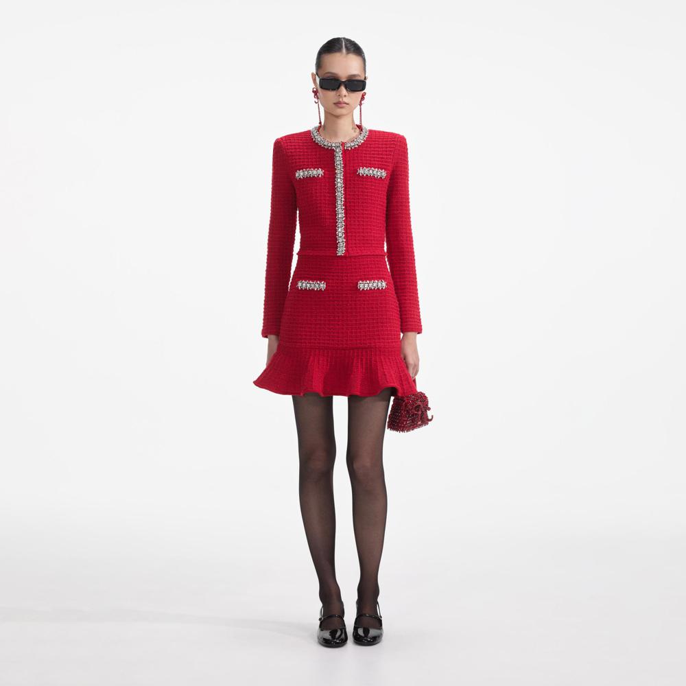 SELF PORTRAIT SS24 Red Textured Knit Mini Skirt