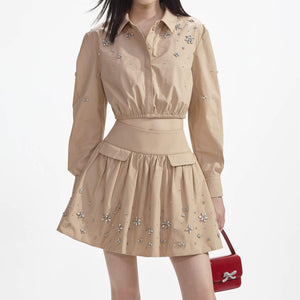 SELF PORTRAIT SS24 Beige Cotton Embellished Mini Skirt