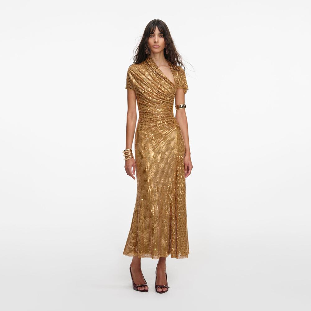 SP VIP PRICE Gold Rhinestone Drape Midi Dress