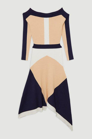 Karen Millen UK SALE Viscose Blend Knit Asymmetric Colour Block Dress - neutral