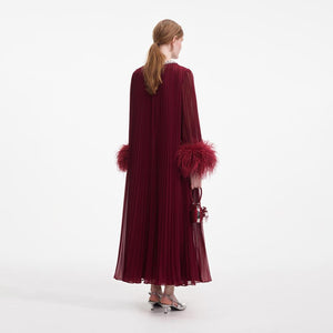 SELF PORTRAIT SS24 Burgundy Chiffon Feather Midi Dress