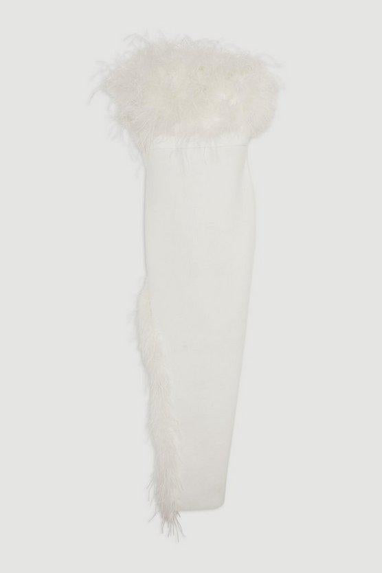 Karen Millen UK SALE Figure Form Bandage Feather Detail Bandeau Knit Midi Dress - ivory