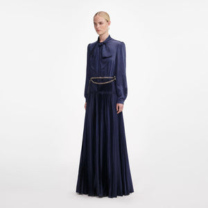SP VIP PRICE Navy Satin Pussy Bow Maxi Dress