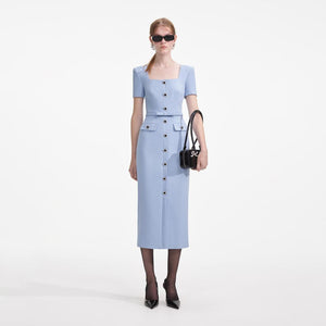 SELF PORTRAIT SS24 Blue Crepe Button Midi Dress