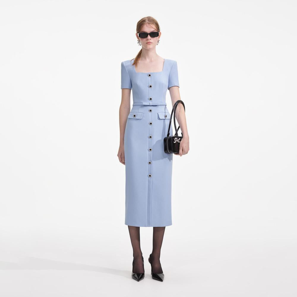 SELF PORTRAIT VIP SS24 Blue Crepe Button Midi Dress