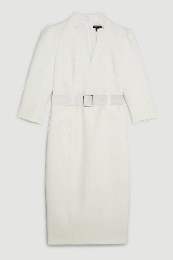 Karen Millen UK SALE Compact Stretch Tailored Forever Belted Midi Dress - ivory