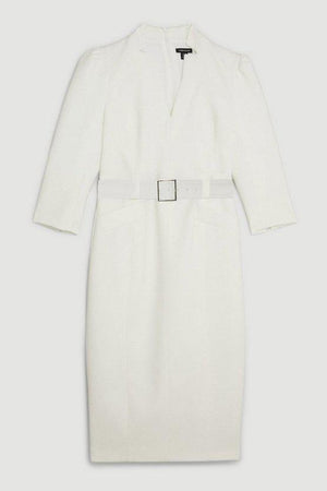 Karen Millen UK SALE Compact Stretch Tailored Forever Belted Midi Dress - ivory