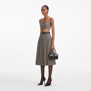 SELF PORTRAIT SS24 Brown Check Pleated Midi Skirt