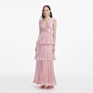 SP VIP PRICE Pink Metallic Tiered Maxi Dress
