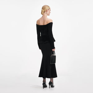 SP VIP PRICE Black Chenille Knit Crystal Trim Midi Dress