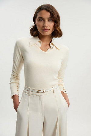 Karen Millen UK SALE Viscose Blend Knitted V Neck Jumper - cream