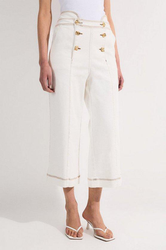 Karen Millen UK SALE Denim Button Front Culottes Trousers - ivory