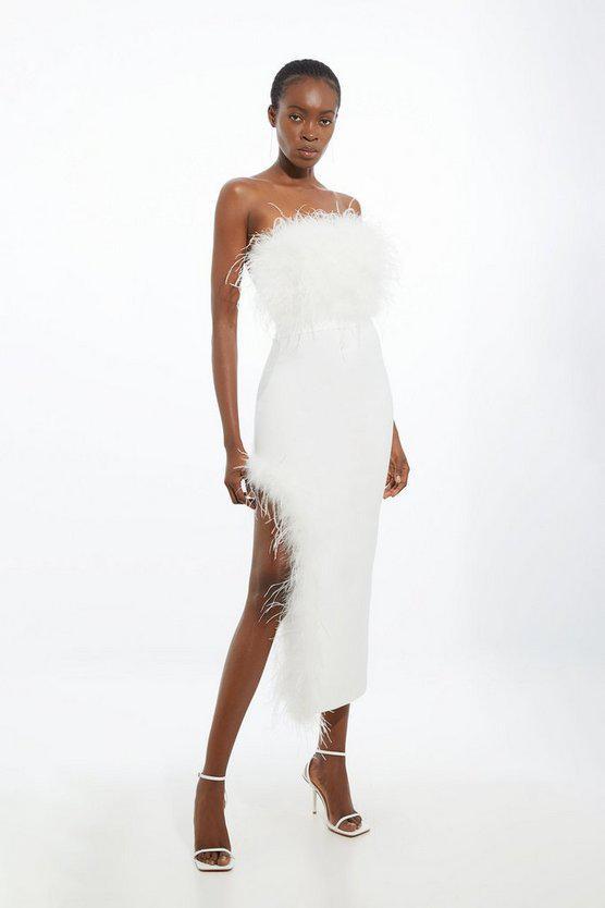 Karen Millen UK SALE Figure Form Bandage Feather Detail Bandeau Knit Midi Dress - ivory