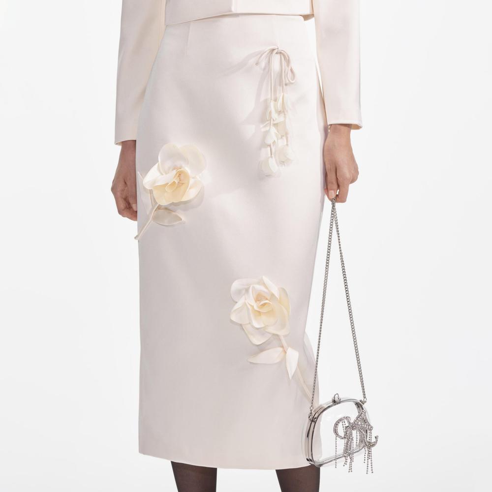 SELF PORTRAIT SS24 Cream 3D Flower Satin Midi Skirt