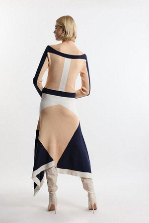 Karen Millen UK SALE Viscose Blend Knit Asymmetric Colour Block Dress - neutral