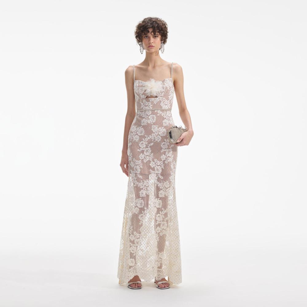 SELF PORTRAIT VIP SS24 Cream Rhinestone Lace Maxi Dress