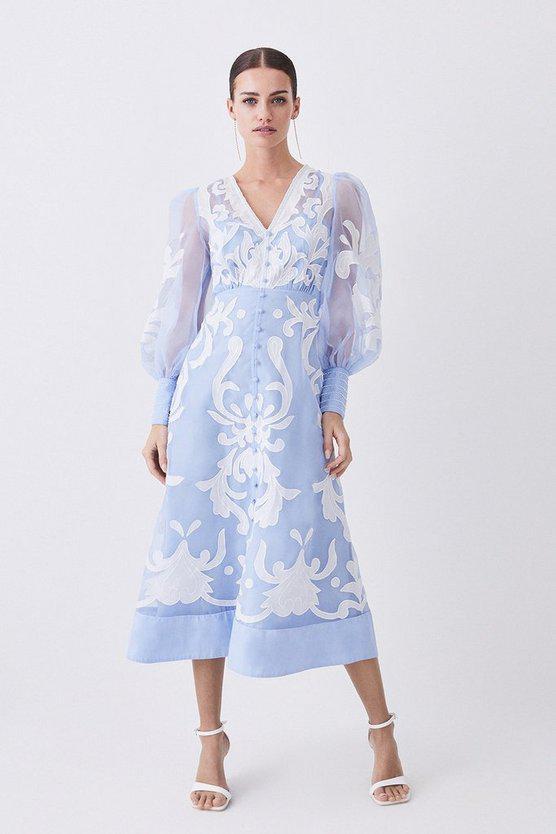 Karen Millen UK SALE Applique Organdie Buttoned Woven Maxi Dress - blue