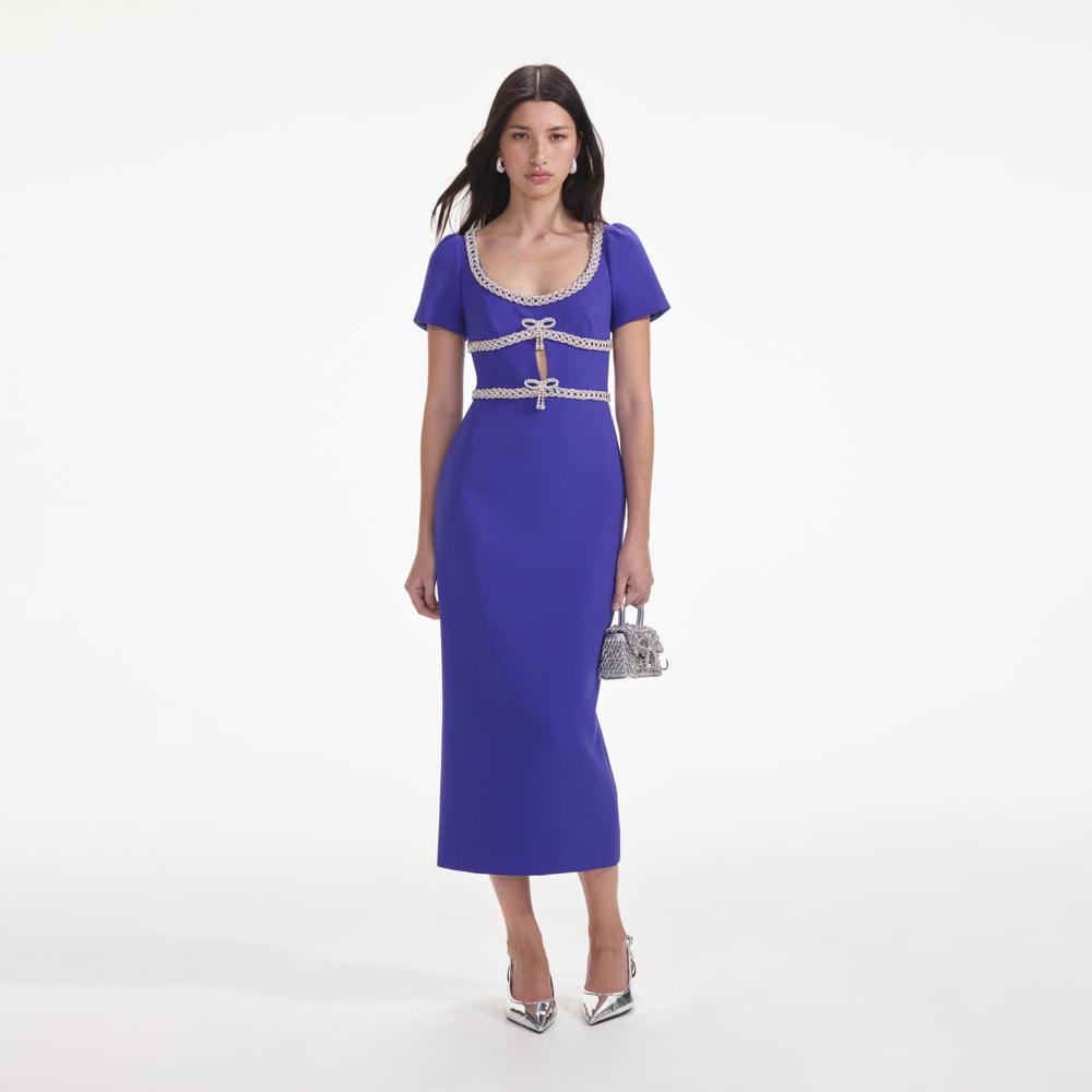 SELF PORTRAIT VIP SS24 Blue Diamante Bow Trim Midi Dress