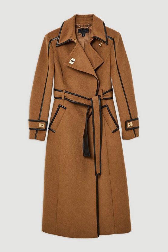 Karen Millen UK SALE Brushed Wool Pu Trim Belted Tailored Double Breasted Midi Coat - camel