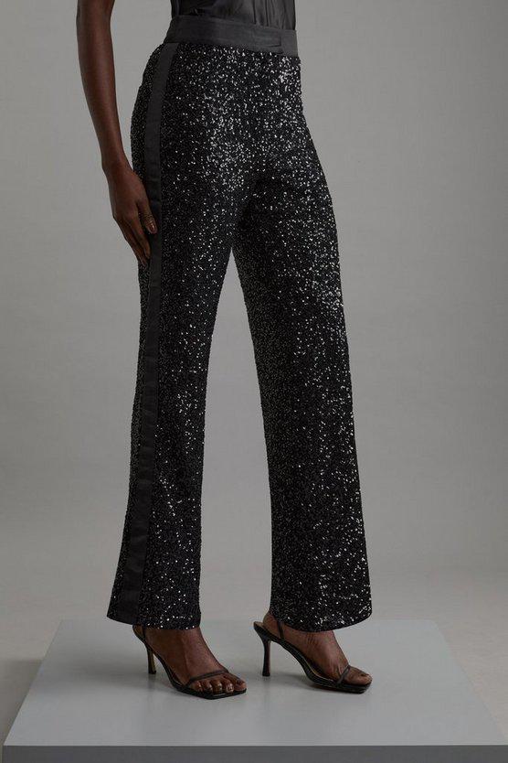 Karen Millen UK SALE Sequin High Waisted Wide Leg Trousers - black