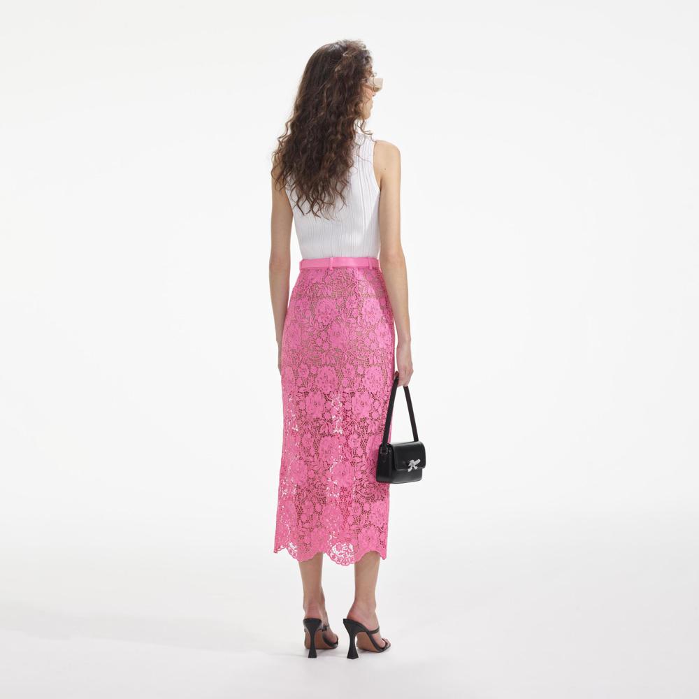 SELF PORTRAIT SS24 Pink Lace Midi Skirt