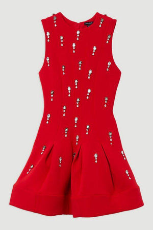 Karen Millen UK SALE Crystal Embellished Premium Scuba Jersey Mini Dress - red