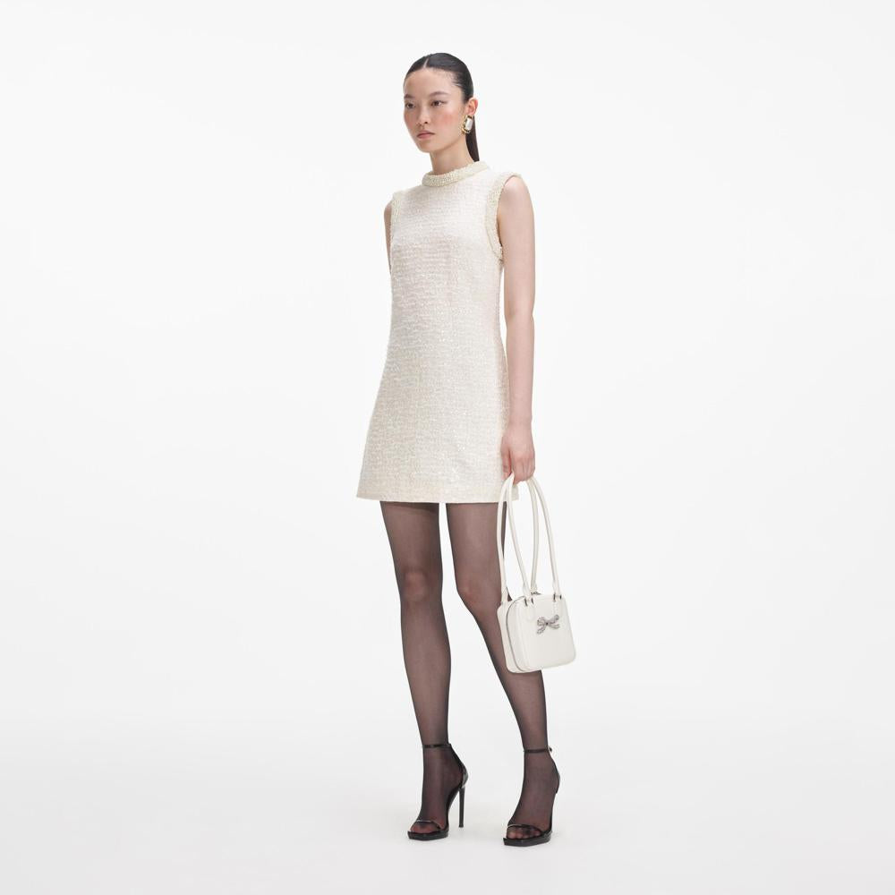 SELF PORTRAIT SS24 Cream Boucle Pearl Trim Mini Dress