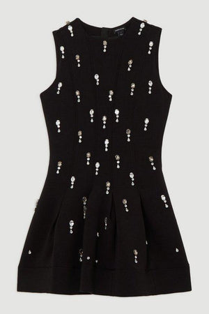 Karen Millen UK SALE Crystal Embellished Premium Scuba Jersey Mini Dress - black