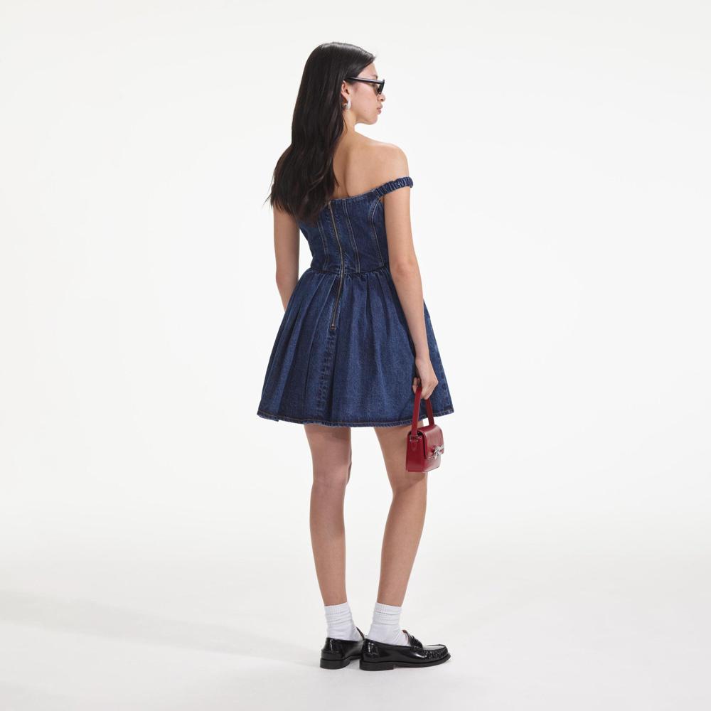 SELF PORTRAIT SS24 Denim Off Shoulder Mini Dress