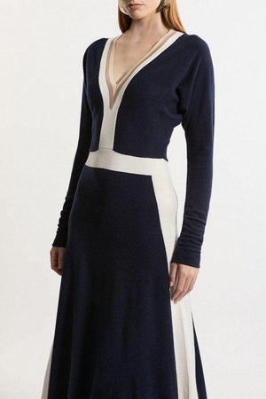 Karen Millen UK SALE Wool Blend With Cashmere V Neck Colour Block Dress - navy