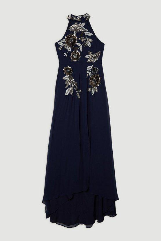 Karen Millen UK SALE Floral 3D Embellished Halter Tie Neck Woven Maxi Dress