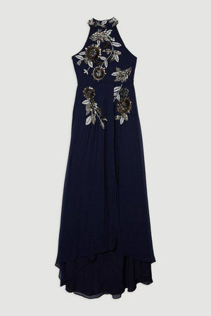 Karen Millen UK SALE Floral 3D Embellished Halter Tie Neck Woven Maxi Dress