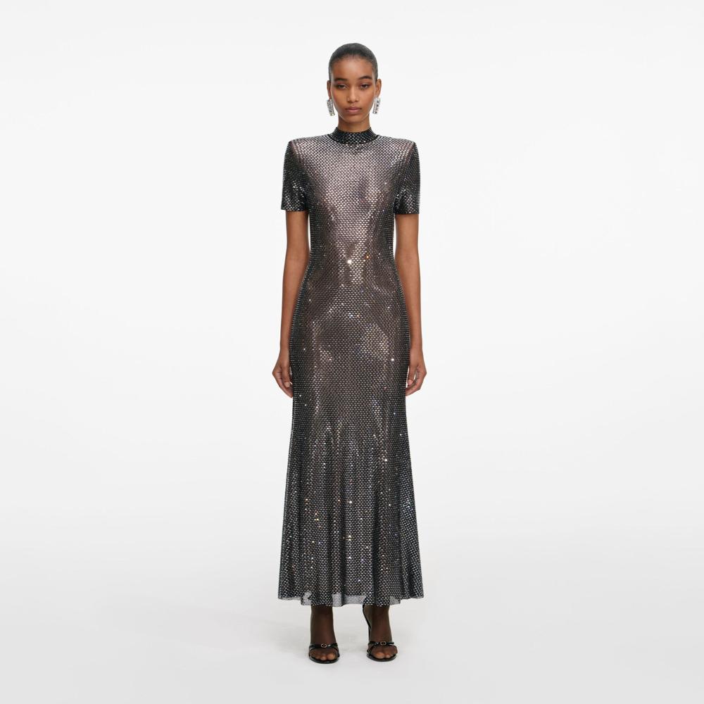 SP VIP PRICE Gunmetal Rhinestone Mesh Midi Dress