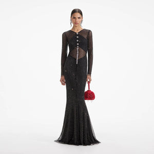 SELF PORTRAIT SS24 Black Rhinestone Fishnet Crossover Maxi Dress