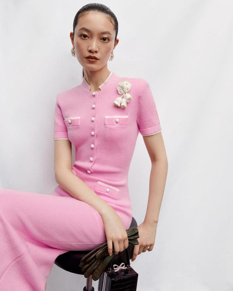 SP VIP PRICE Pink Crochet Flower Knit Midi Dress