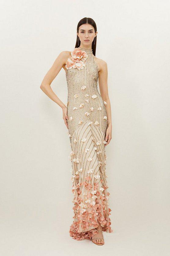 Karen Millen UK SALE Floral Applique Crystal Embellished Woven Maxi Rosette Maxi Dress - gold