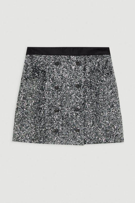 Karen Millen UK SALE Sequin Tailored Wrap Over Mini Skirt - gun metal