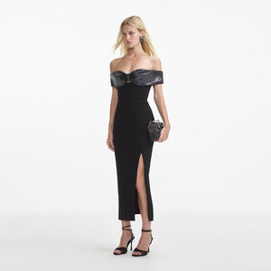 SELF PORTRAIT SS24 Black Crepe Bow Midi Dress